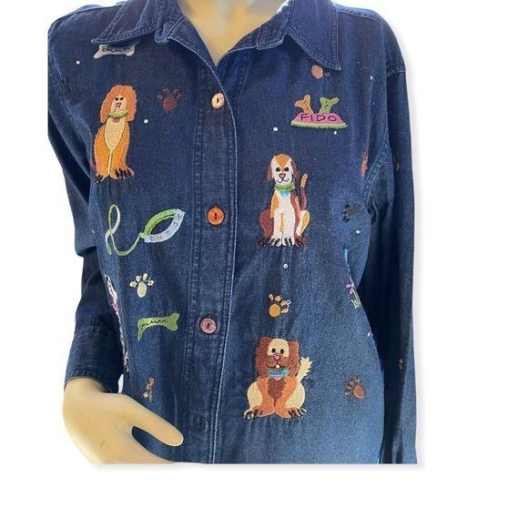 Quacker Factory Fido Dog Blue Denim Rhinestone Beads Button Up Shirt - Picture 2 of 10